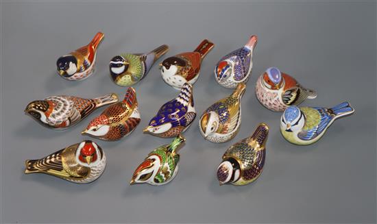 Thirteen Royal Crown Derby English garden birds, wren, blue tits etc